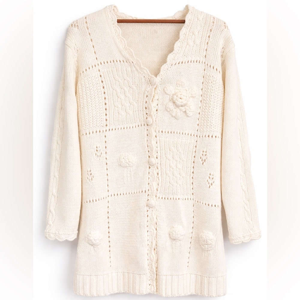 Cottagecore Knit Cardigan Cream Floral Appliqué Textured Sweater Boho M - Picture 2 of 5